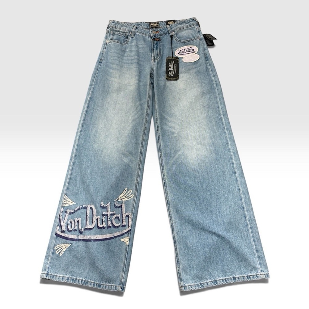 Von Dutch Women Extra Wide Leg Flare Jeans Loose Sz 27 Patch Embroidered Y2K 90s